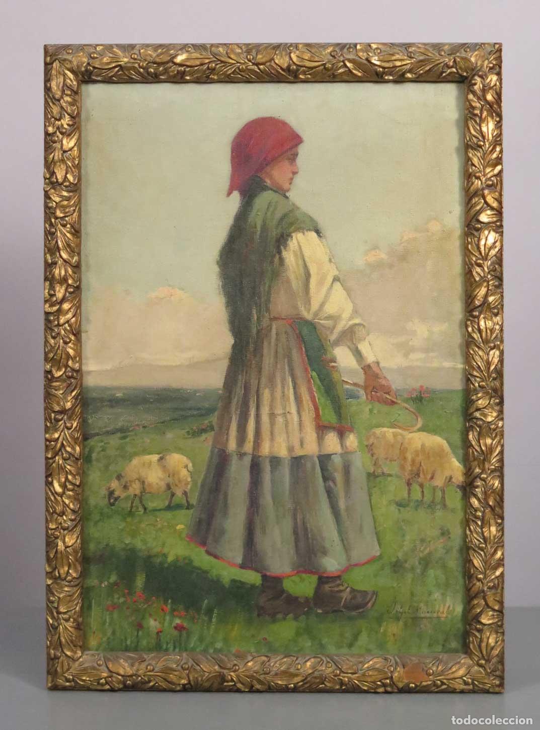 Arte: PASTORA NORTE DE ESPA&Ntilde;A CON REBA&Ntilde;O. OLEO S/ LIENZO. FIRMADO PARTE ILEGIBLE J. GIL. HACIA 1890