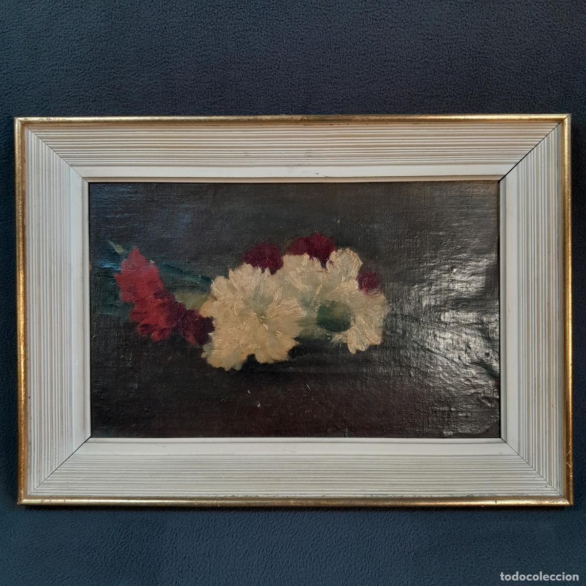 Arte: D-332.CUADRO DE &Oacute;LEO SOBRE LIENZO. BODEG&Oacute;N DE FLORES CLAVELES.G&Oacute;MEZ.SXIX.
