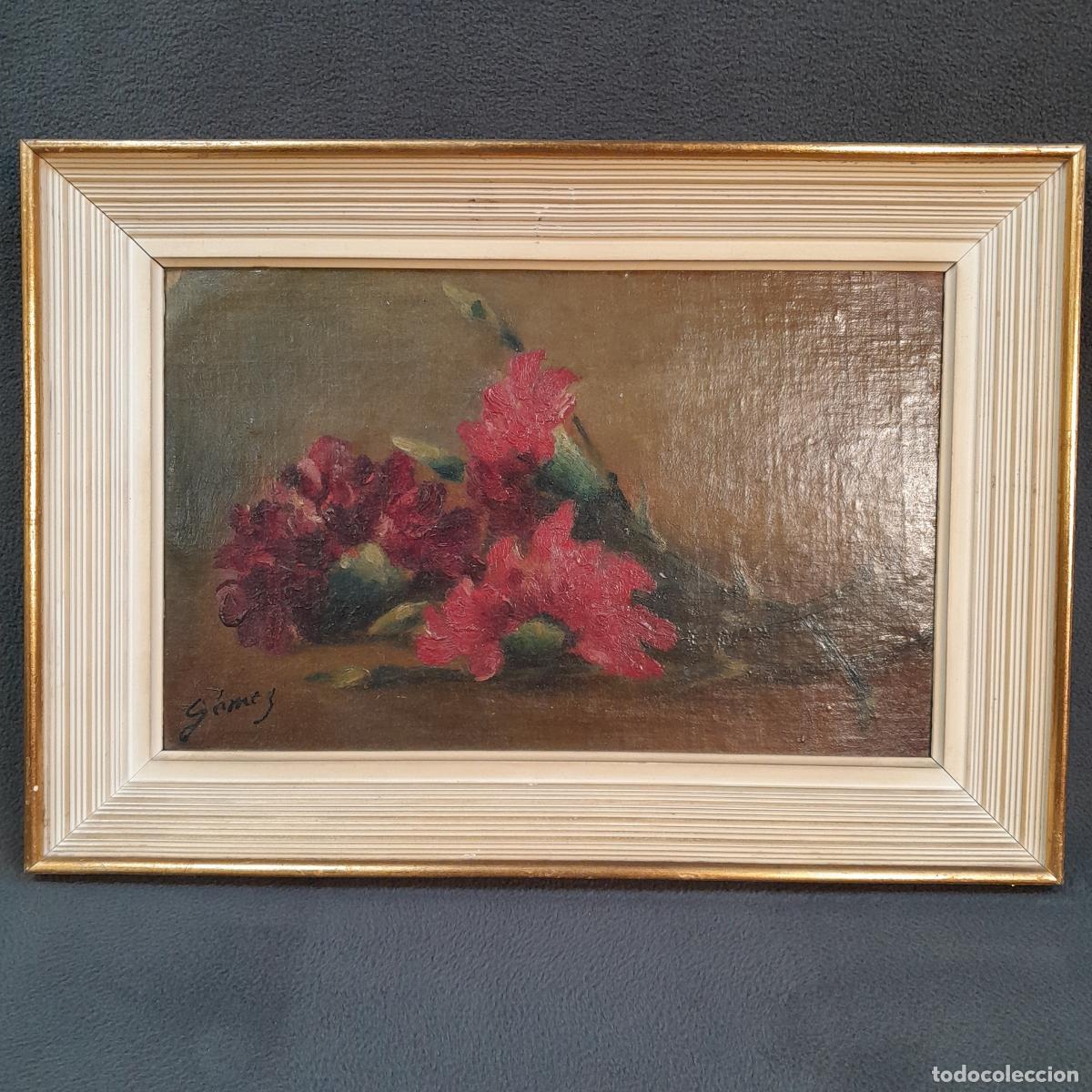 Arte: D-333.CUADRO DE &Oacute;LEO SOBRE LIENZO. BODEG&Oacute;N DE CLAVELES.G&Oacute;MEZ.S.XIX.