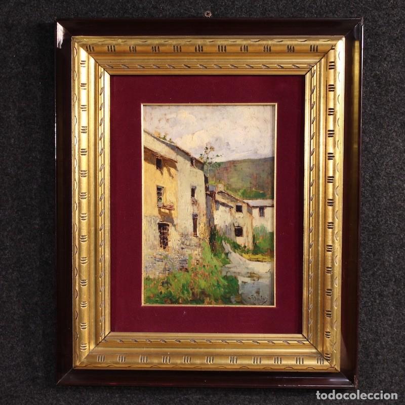 Arte: Pintura italiana de paisaje con vistas a casas del siglo XX.