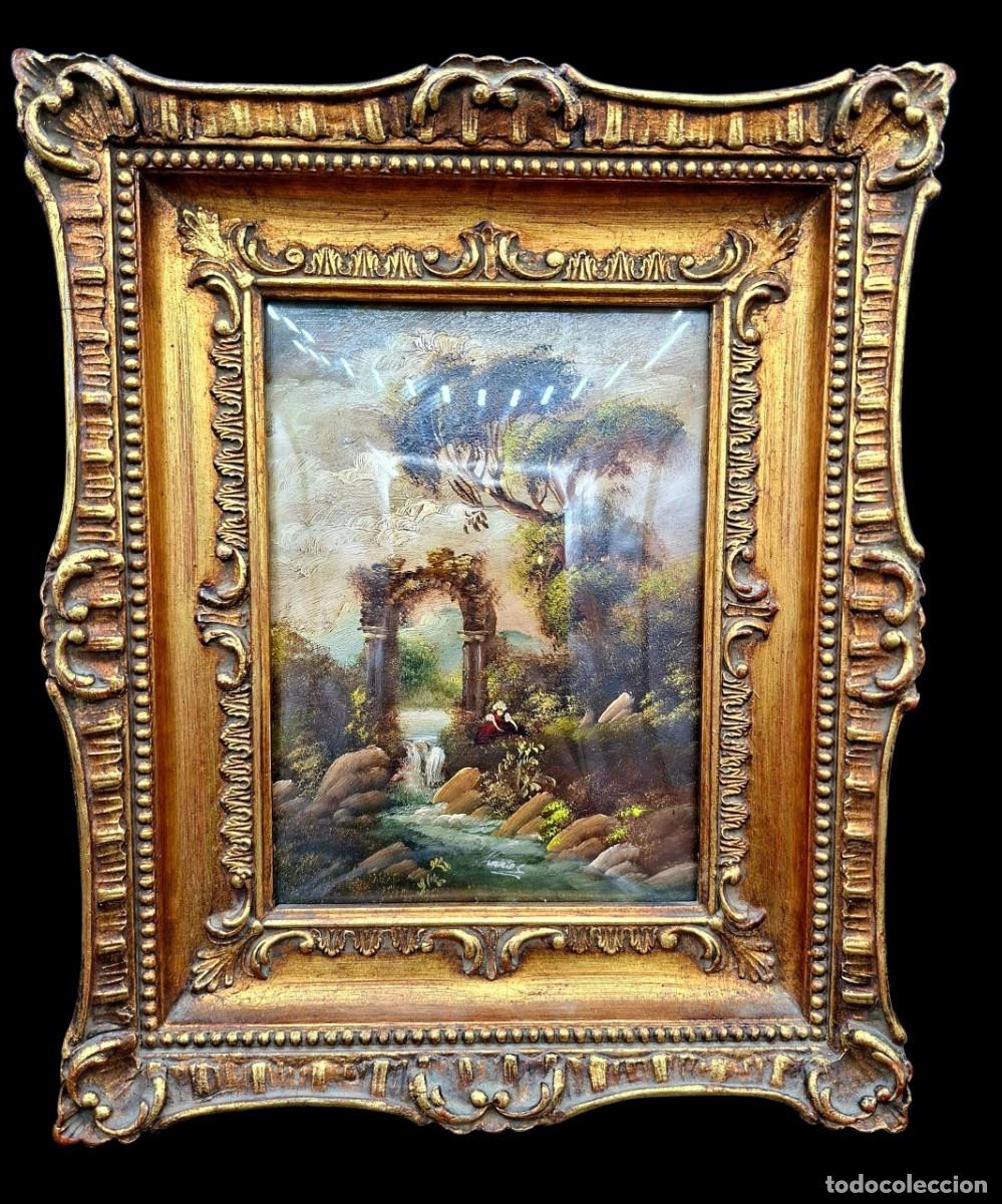 Arte: CUADRO DE FIGURA CON PAISAJE Y RUINAS EN OLEO SOBRE COBRE