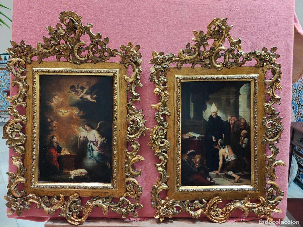 Arte: Pareja de &oacute;leos religiosos inspirados en Murillo con excepcionales marcos rococ&oacute; y dorados