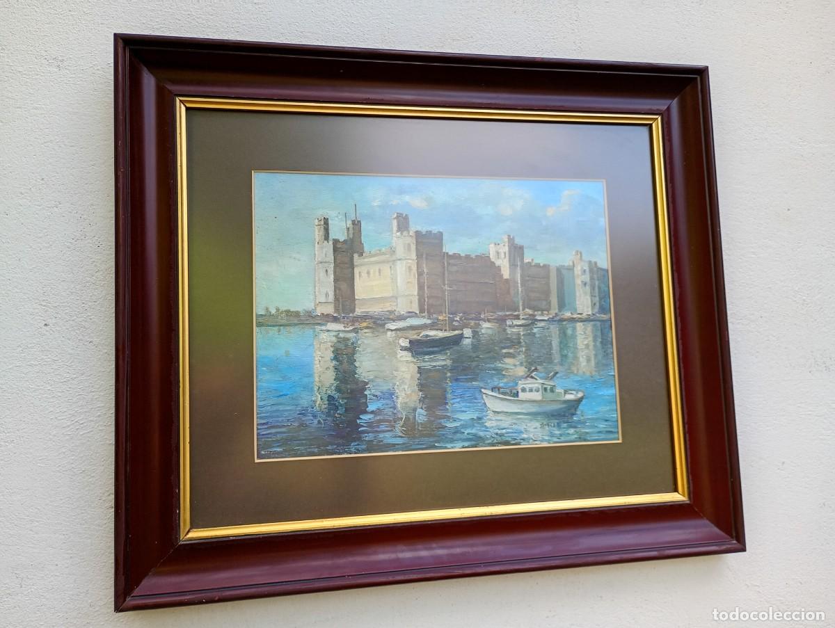Arte: oleo sobre tabla enmarcado castillo de caernarfon gales estilo peter leath