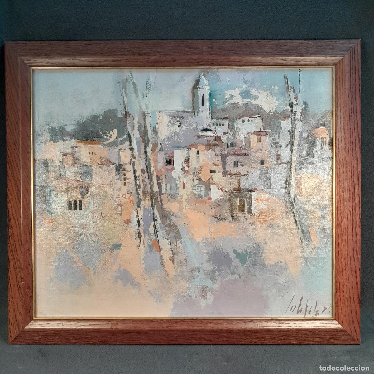 Arte: B-1909. &Oacute;LEO SOBRE LIENZO, VISTA URBANA CON CAMPANARIO DE JOSEP COSTA VILA. SIGLO XX