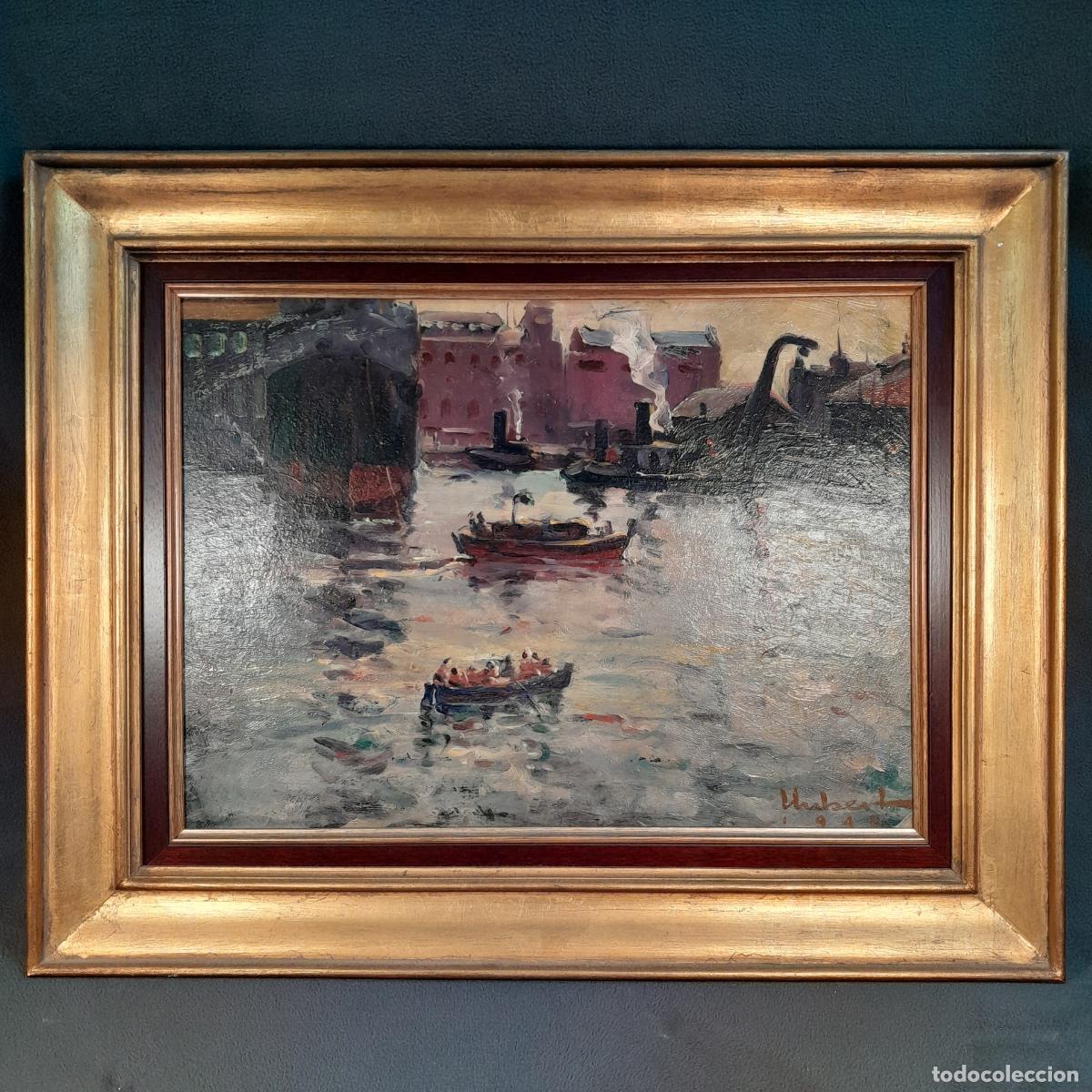 Arte: B-1908. &Oacute;LEO SOBRE TABLA, ESCENA PORTUARIA DE HUBERT VALLMITJANA BARCIA. A&Ntilde;O 1948