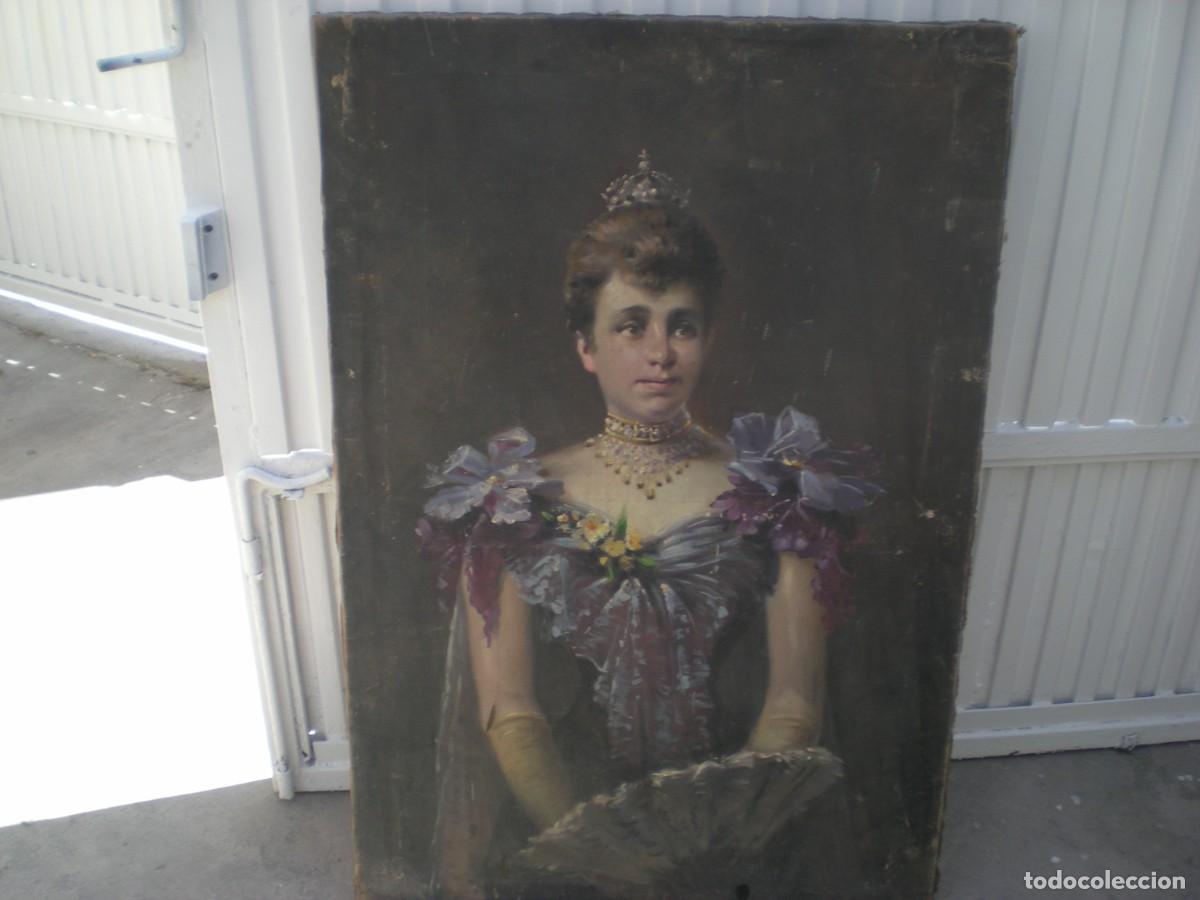 Arte: Pintura oleo antiguo an&oacute;nimo, se&ntilde;ora con abanico, lienzo tocado, ver fotos grande medida 114X75 cms.