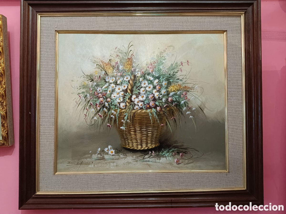 Arte: Pintura al &oacute;leo sobre lienzo. Bodeg&oacute;n floral. Firmado por Espi.