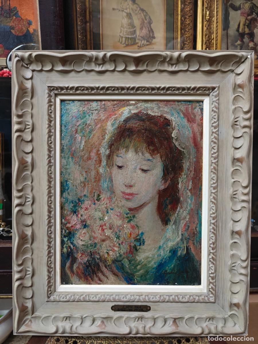 Arte: Retrato femenino con flores. &Oacute;leo sobre cart&oacute;n firmado y fechado Grau Sala en 1961