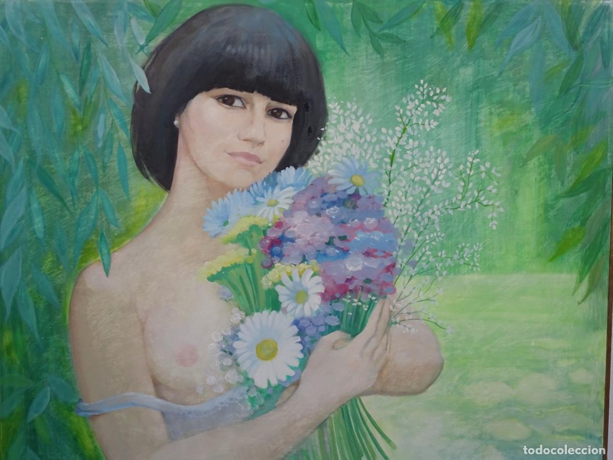 Arte: &Oacute;LEO SOBRE MADERA ROSA TORRAS, AMIGA DE OLGA SCHAROFF. MUJER CON FLORES.