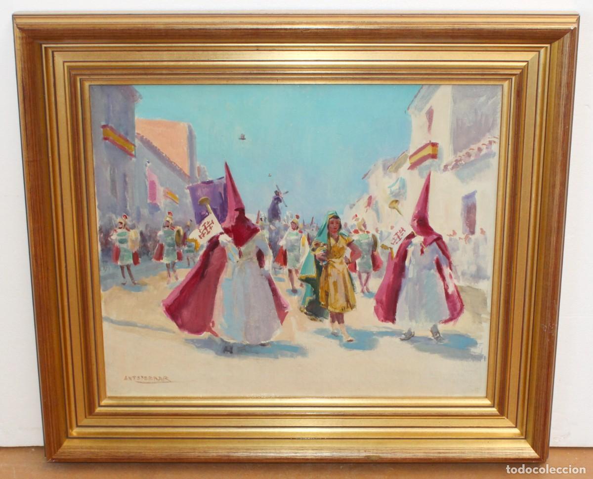 Arte: ANTONIO FERRER (Valencia, 1946) OLEO SOBRE TELA. PROCESION BAJO EL CIELO AZUL
