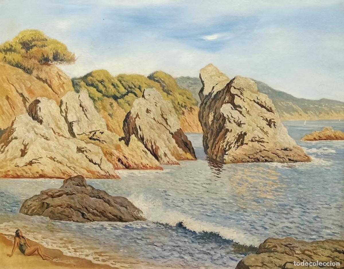 Arte: &Aacute;NGEL PLANELLS. PAISAJE DE LA COSTA BRAVA CON BA&Ntilde;ISTA. &Oacute;LEO SOBRE LIENZO. ESPA&Ntilde;A. 1950-60.