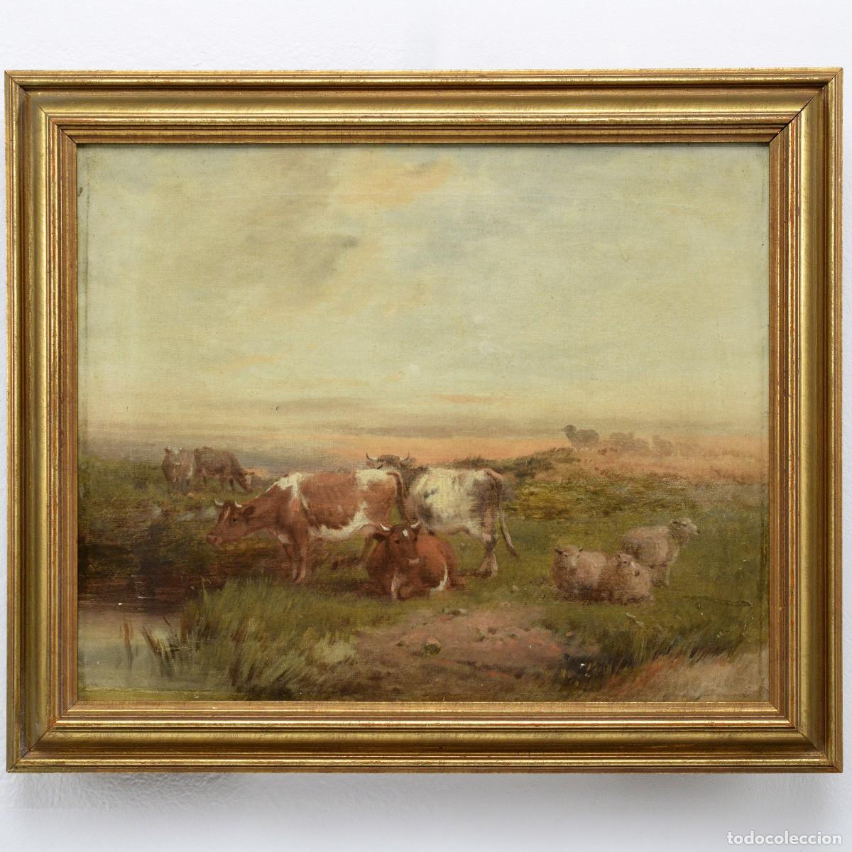 Arte: 19th Century Victorian Animalier Pastoral Landscape Cows Sheep Oil Canvas Signed