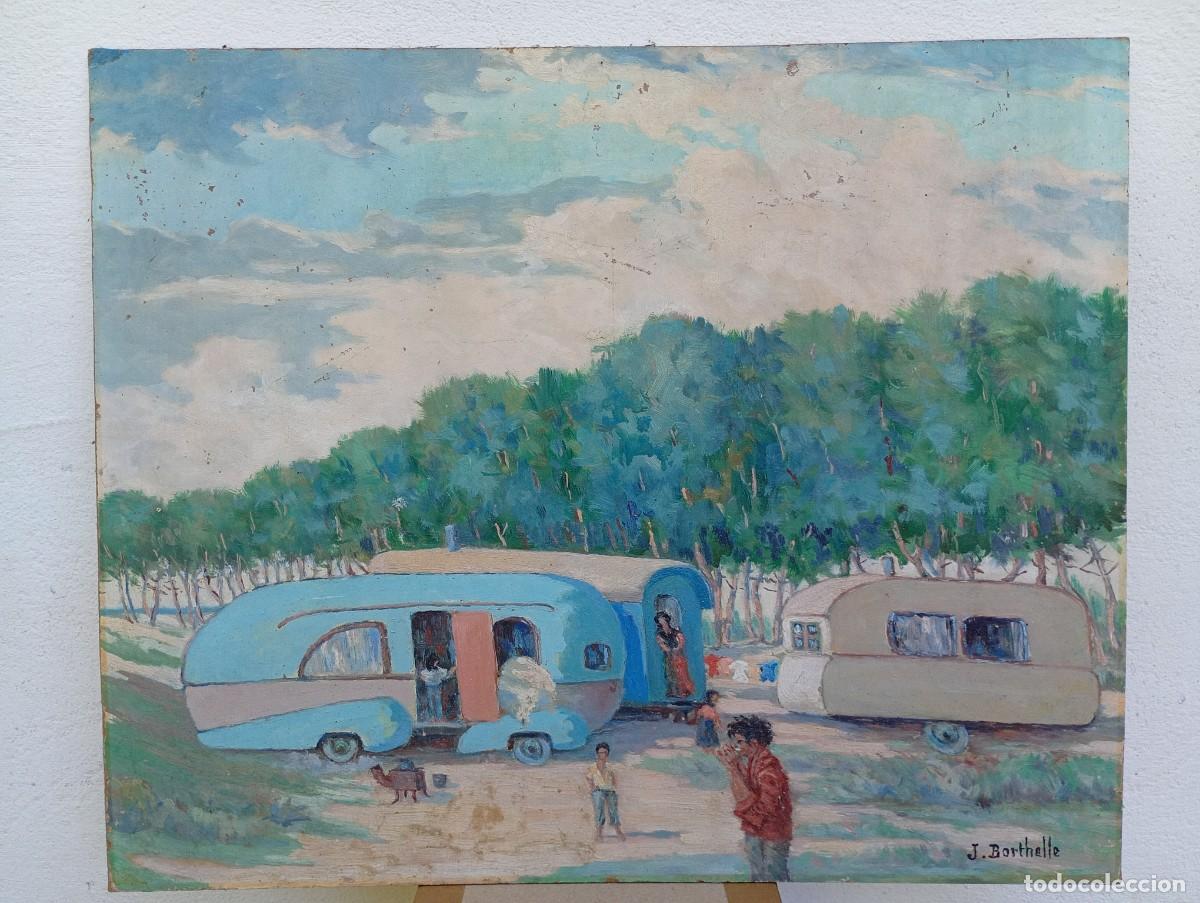 Arte: oleo sobre tabla a&ntilde;os 50 / 60 firmado J.BORTHELLE caravanas