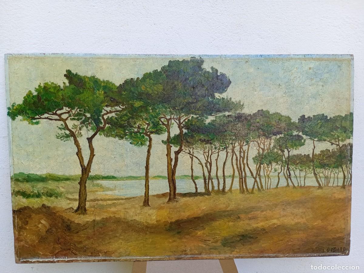 Arte: oleo sobre tabla a&ntilde;os 50 / 60 firmado L.GODARD arboles paisaje mar