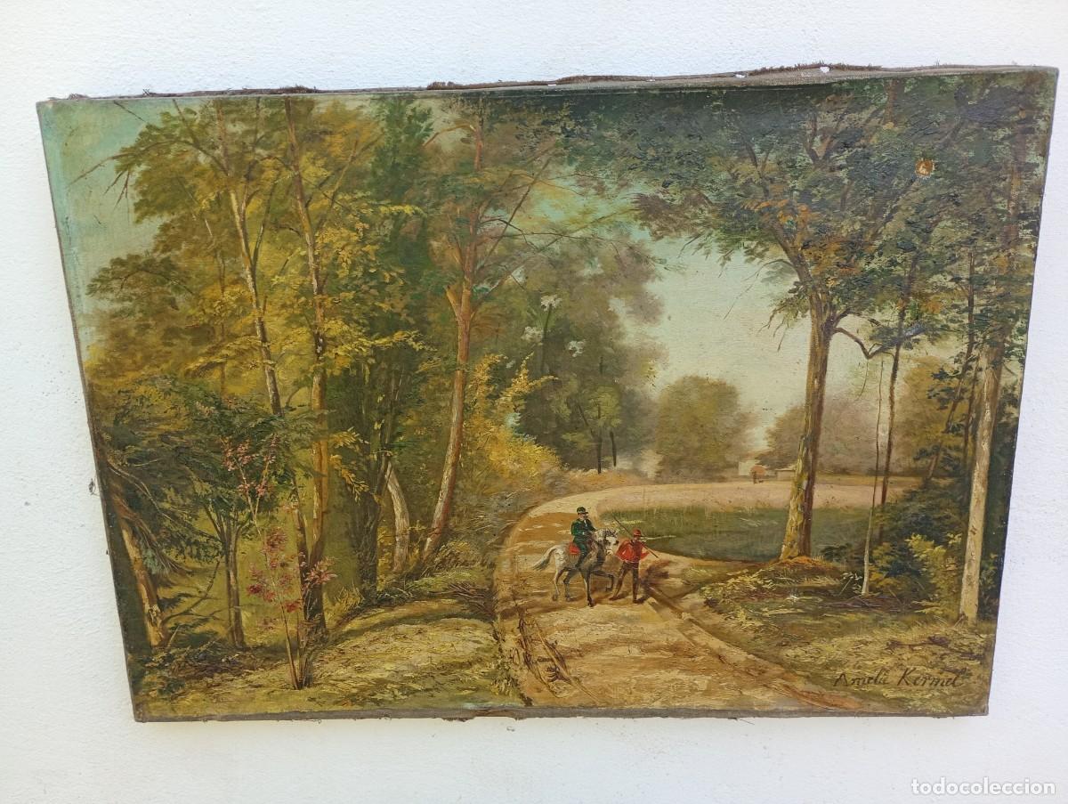 Arte: oleo sobre lienzo firmado amelie kermel paisaje caballos