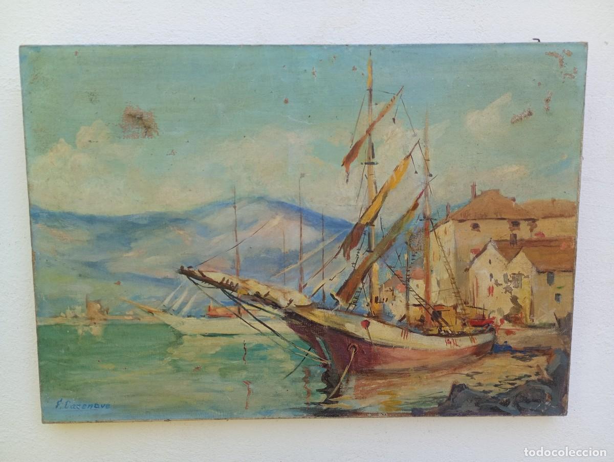 Arte: oleo sobre lienzo firmado f.cazenave marina barcos p.s. XX finales XIX