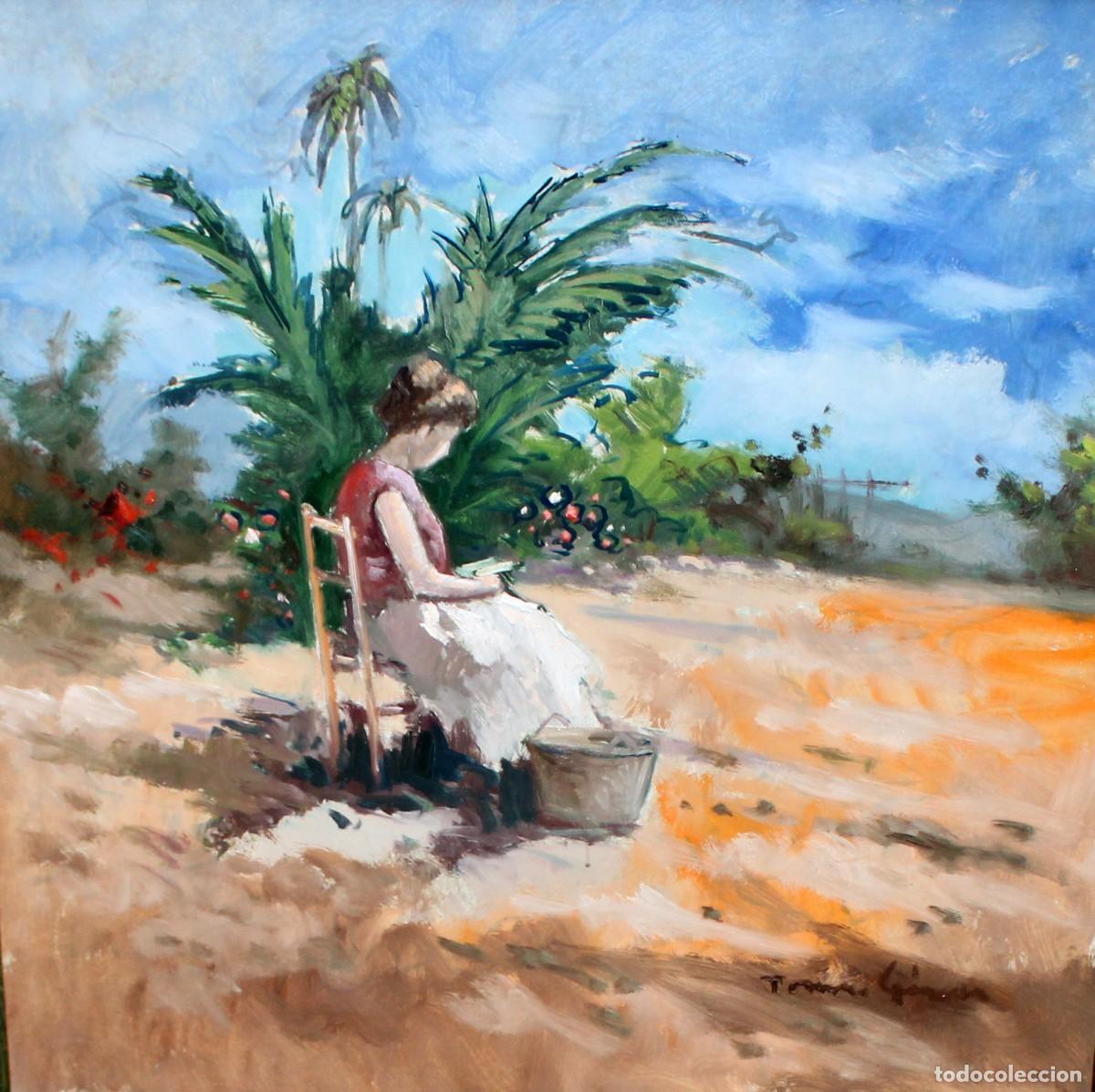 Arte: ESCUELA ESPA&Ntilde;OLA (XX) OLEO SOBRE TELA DE AUTOR DESCONOCIDO. LEYENDO EN EL JARDIN