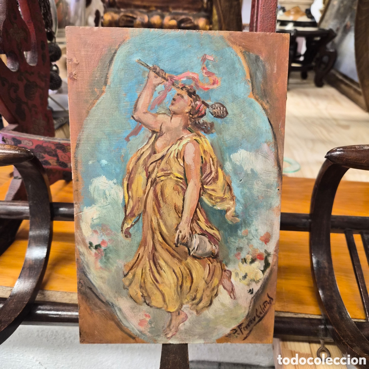 Arte: PEDRO FERRER CALATAYUD (Valencia, 1860-1944) &Oacute;leo sobre tabla. Alegor&iacute;a femenina