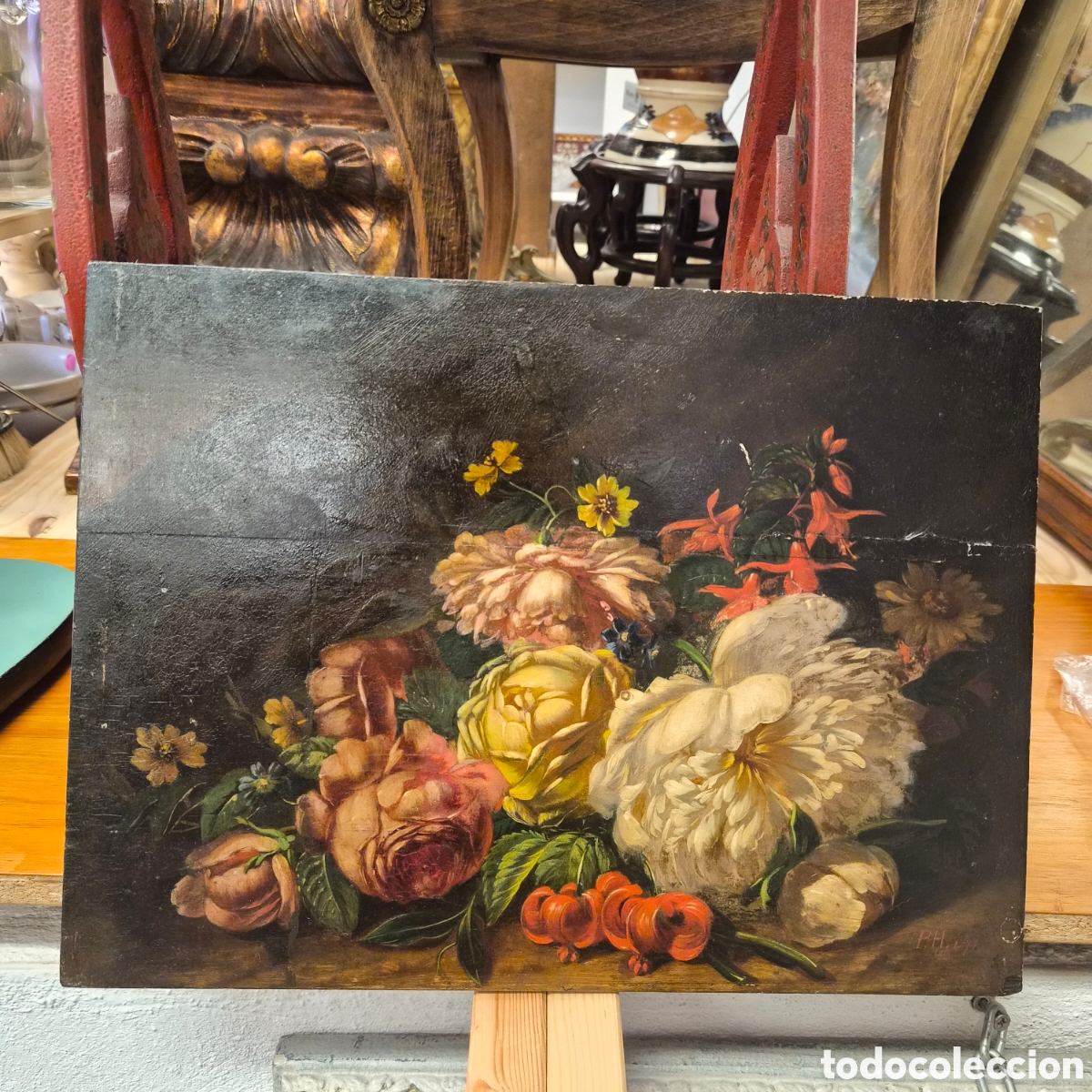 Arte: &Oacute;leo sobre tabla &ndash; Bodeg&oacute;n floral firmado y fechado P.H. 1874
