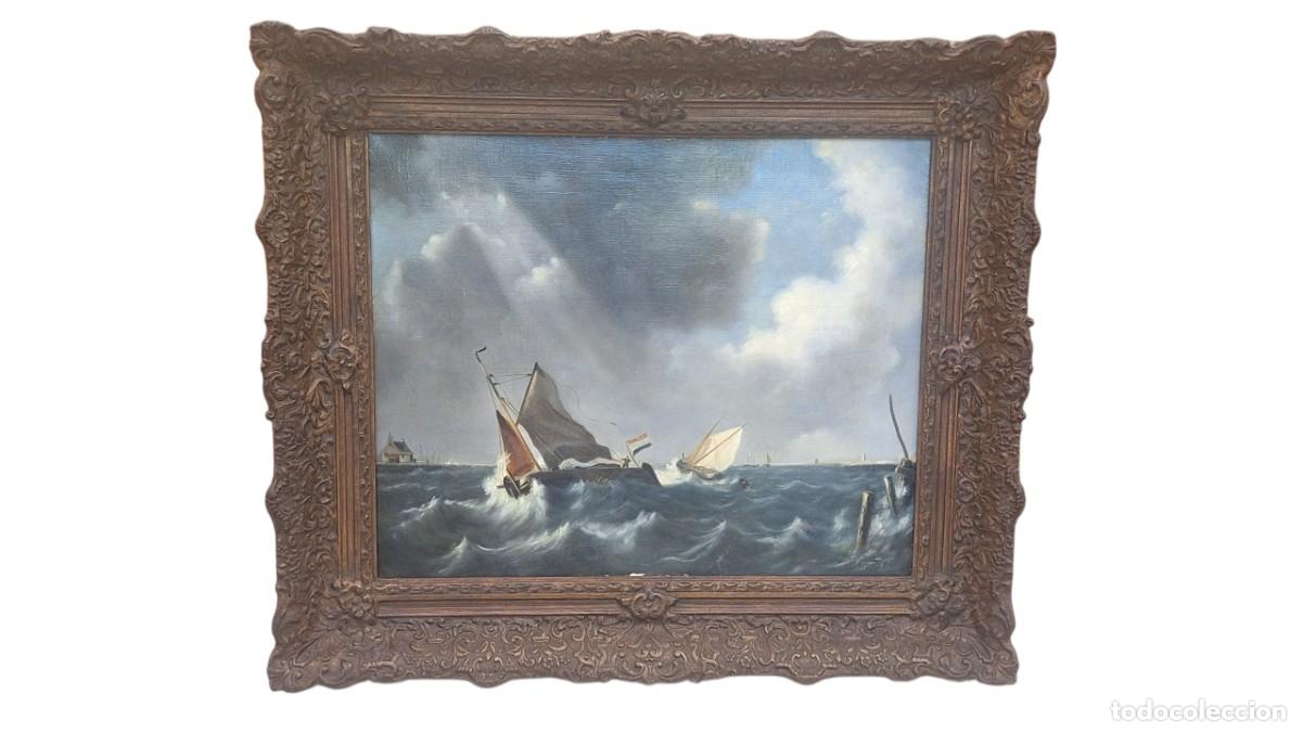 Arte: Marina. &Oacute;leo sobre lienzo. Firmado A. Vermont. Escuela holandesa. Siglo XIX. 63 x 73 cm 45 x 55 cm.