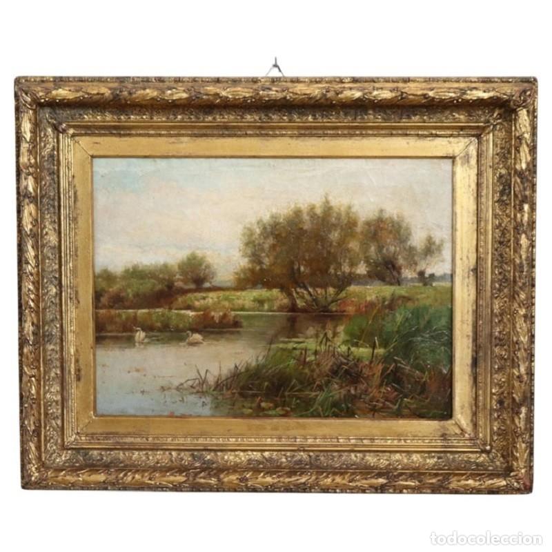 Arte: Paisaje con cisnes, &oacute;leo sobre lienzo, escuela inglesa, siglo XIX
