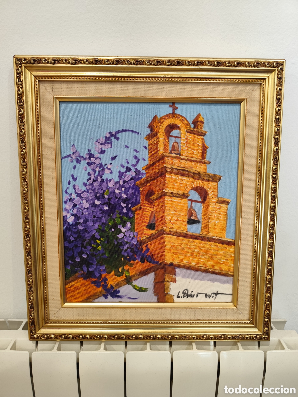 Art: Luis Oviedo Weber - &Oacute;leo original firmado. Campanario y buganvilla. Rep&uacute;blica Dominicana, 2001
