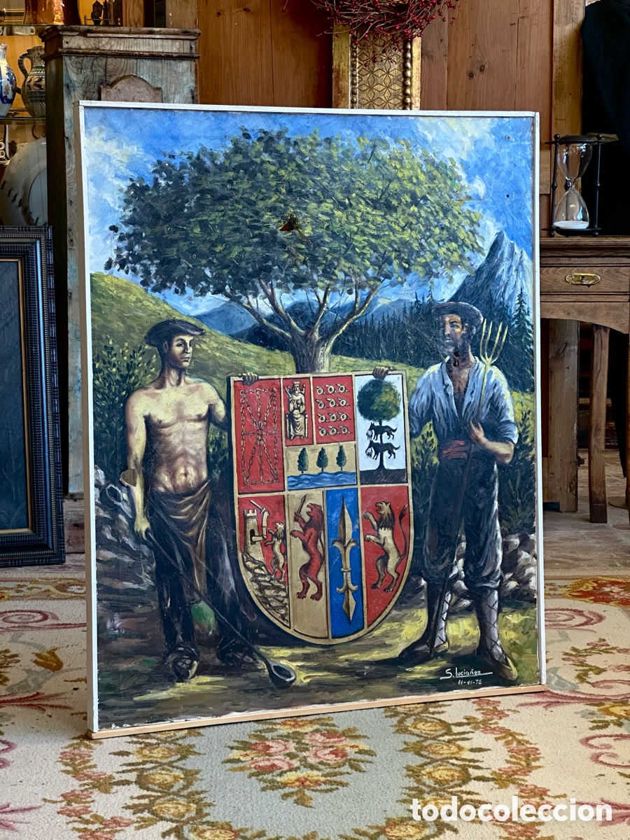 Arte: &Oacute;leo sobre lienzo Euskal Herria, firmado S. Lucia&ntilde;ez, 1975. Cuadro etnograf&iacute;a vasca. Escudo vascos.