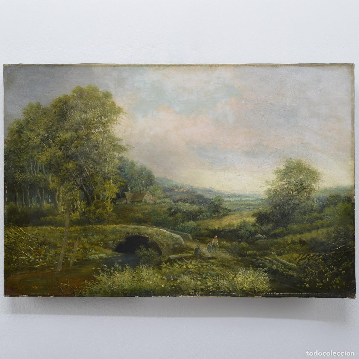 Kunst: 19th C Victorian Romantic Summer Landscape Old River Bridge Oil Canvas Signed