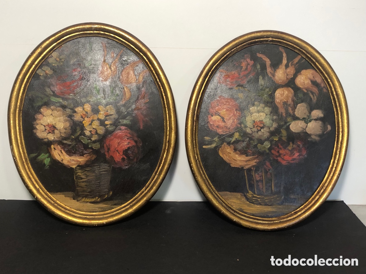 Arte: 2 &oacute;leos sobre tabla motivos florales
