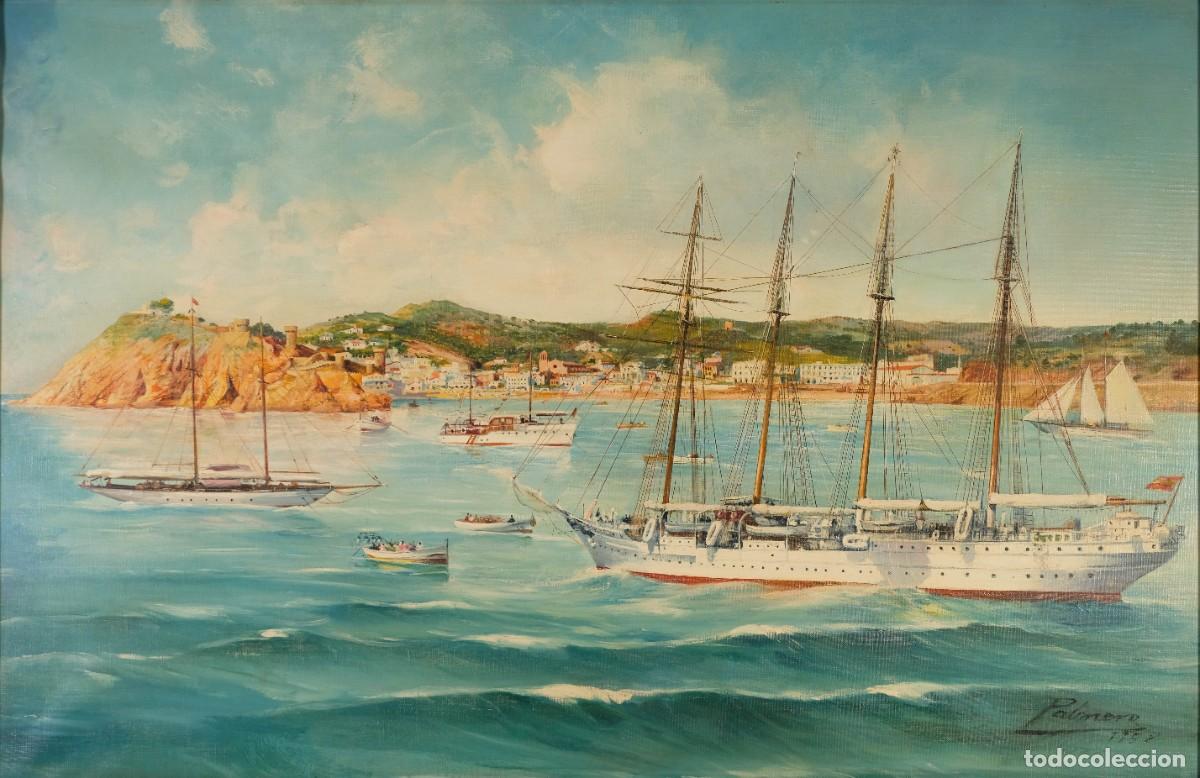 Arte: MAESTRO PALMERO (1901 - 1991) &Oacute;LEO SOBRE LIENZO VISTA PUERTO CON BARCAS FIRMADO Y FECHADO 1958