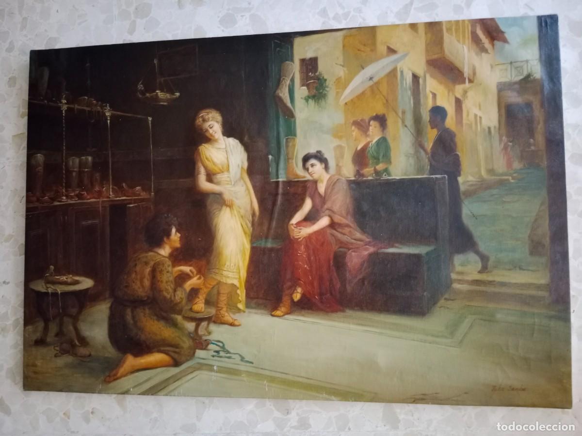 Arte: BONITA PINTURA AL OLEO SOBRE LIENZO DE JULES SANDER - LA DAMA PROBANDOSE LOS ZAPATOS - 61 x 91 CM