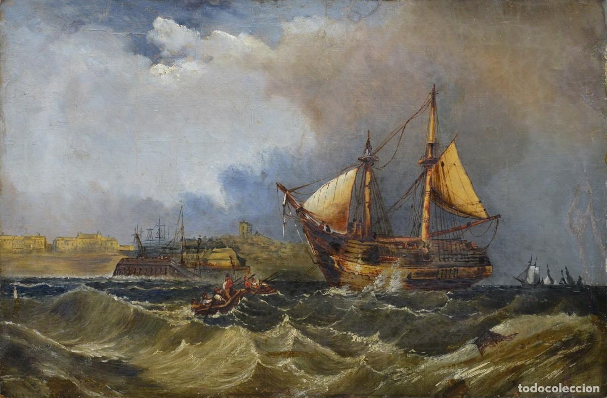 Arte: 19th Century British Romantic Marine Oil Painting Sailing Ship Arrival Signed