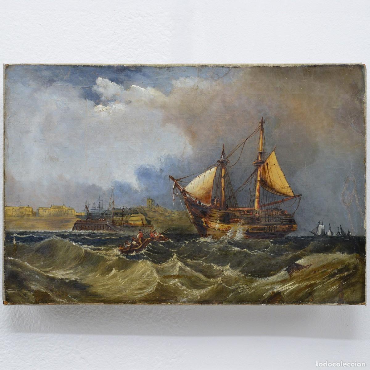 Arte: 19th Century British Romantic Marine Oil Painting Sailing Ship Arrival Signed