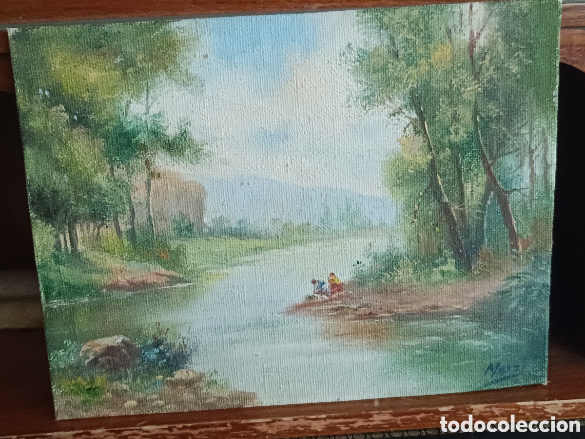 Arte: OLEO SOBRE LIENZO CARTON. PAISAJE FLUVIAL CON FIGURAS. FIRMADO MART&Iacute;N 21x 26 cm