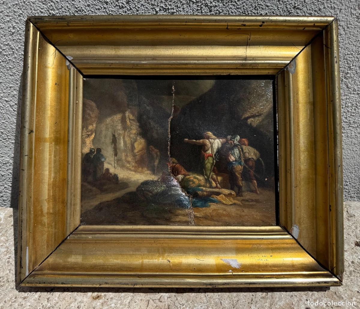 Arte: Oleo sobre lienzo escena hist&oacute;rica milicia b&aacute;rbaros ensayando tiro arco en cueva S XIX 30x35cms