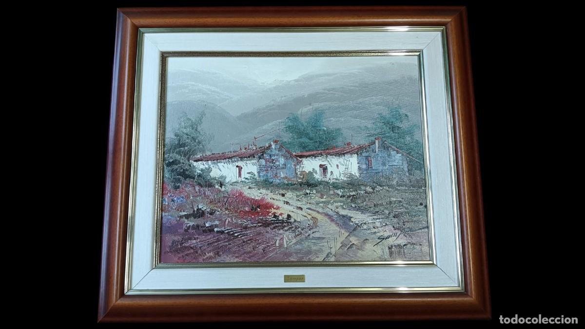 Arte: &Oacute;LEO ORIGINAL FIRMADO SAMPER &middot; PAISAJE RURAL MANCHEGO &middot; DOS CORTIJOS &middot; FECHADO 15/07/1986