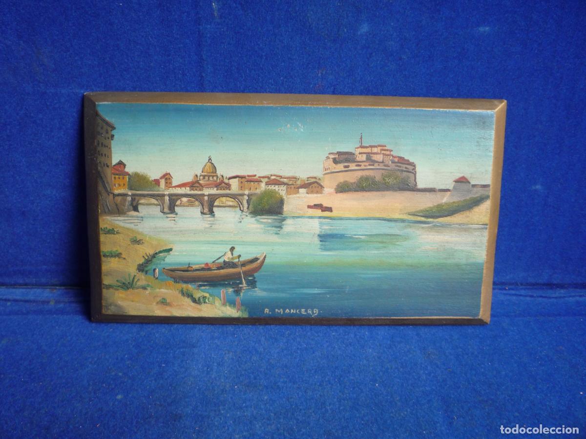 Arte: OLEO SOBRE TABLA PAISAJE CON PUENTE FIRMADO R.MANCERA