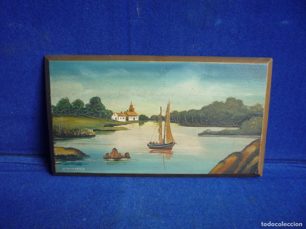 Arte: OLEO SOBRE TABLA PAISAJE CON BARCOS DE VELA FIRMADO R.MANCERA