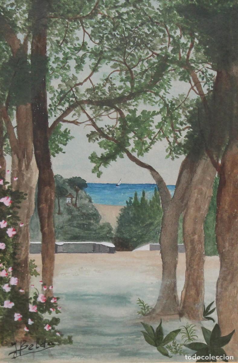 Arte: JUAN BELDA MORALES (Burjassot, 1873 - 1944) TECNICA MIXTA SOBRE PAPEL. JARDIN FRENTE AL MAR
