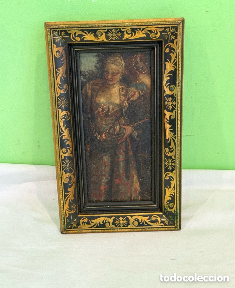 Arte: &Oacute;leo siglo XVIII/XIX retrato femenino escuela europea marco negro dorado antiguo