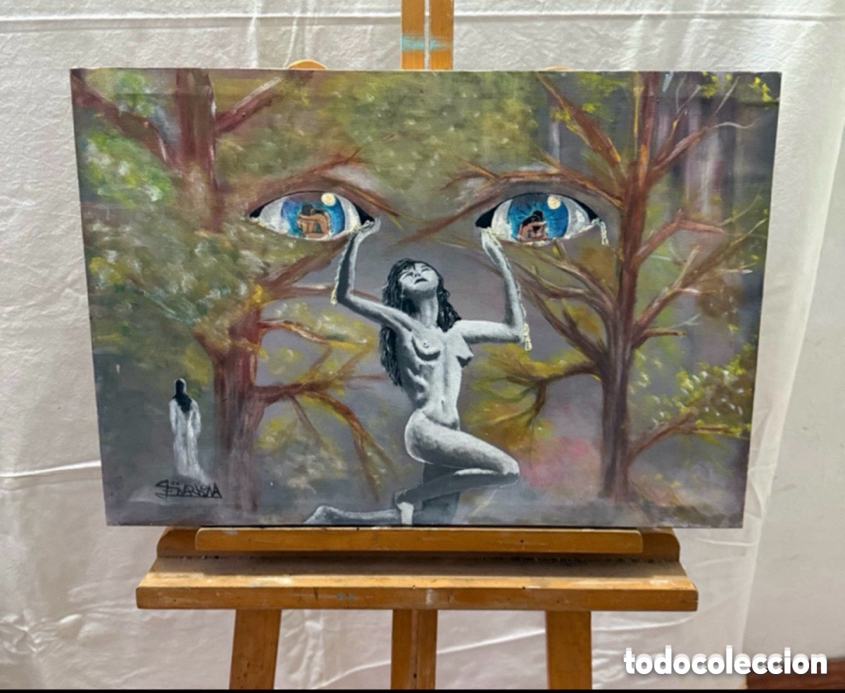 Arte: &Oacute;leo surrealista firmado escena simb&oacute;lica figura femenina y composici&oacute;n on&iacute;rica