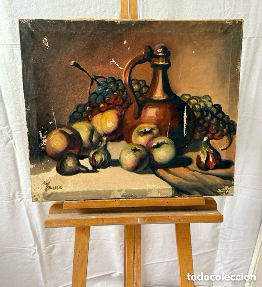 Arte: Bodeg&oacute;n con uvas y jarra. &Oacute;leo sobre lienzo firmado . Escuela espa&ntilde;ola. (55X46cm).