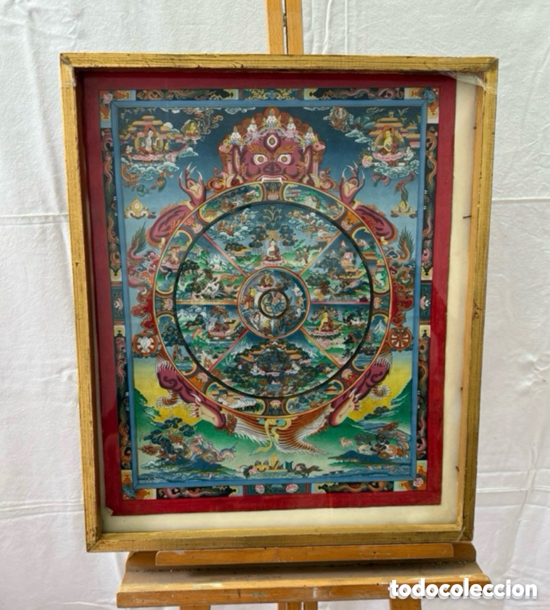 Arte: Thangka tibetano pintado a mano. Rueda de la Vida (Bhavachakra). Arte budista.