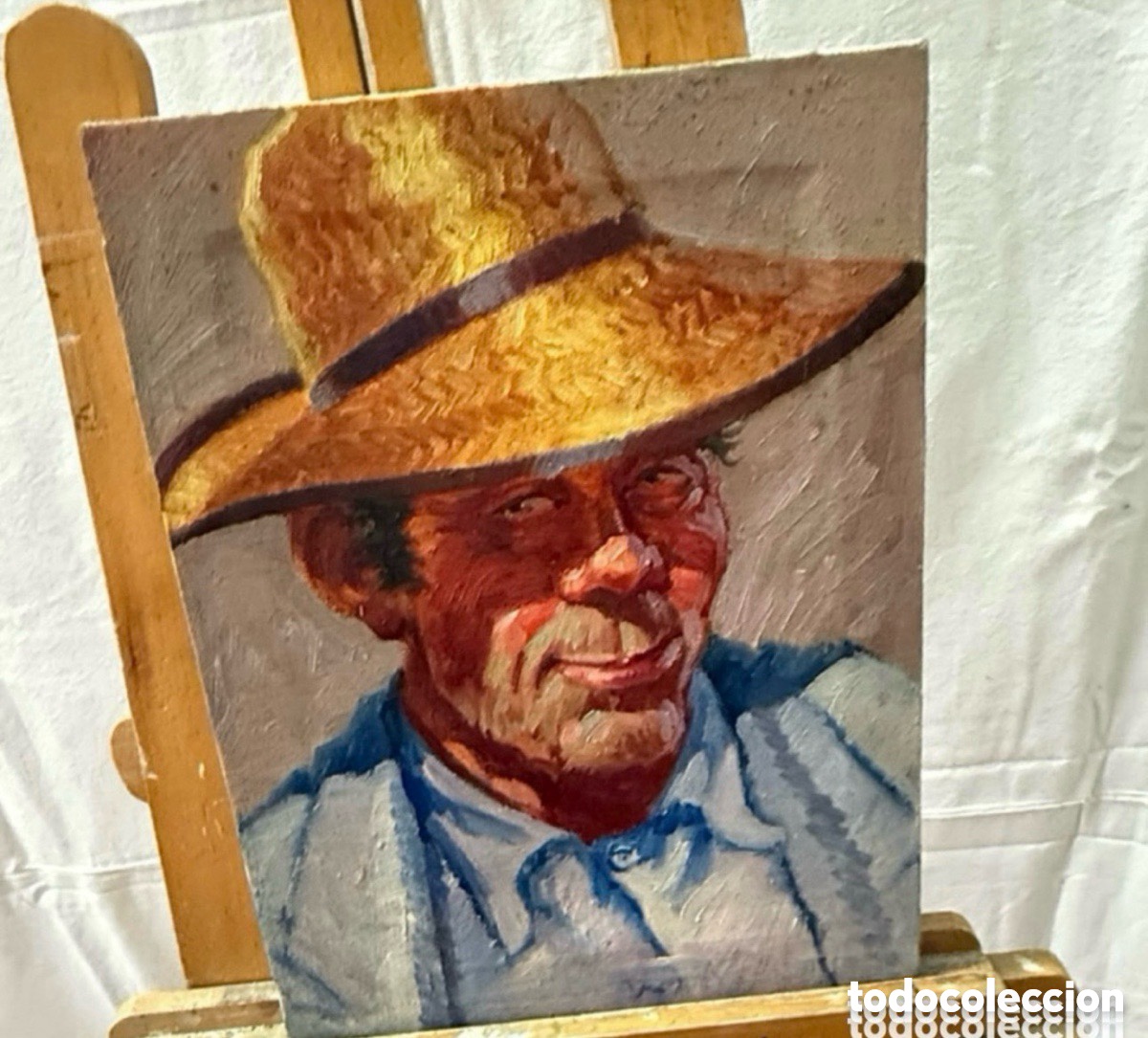 Arte: Jose Font Sellabona - Retrato de campesino andaluz con sombrero - &oacute;leo sobre lienzo