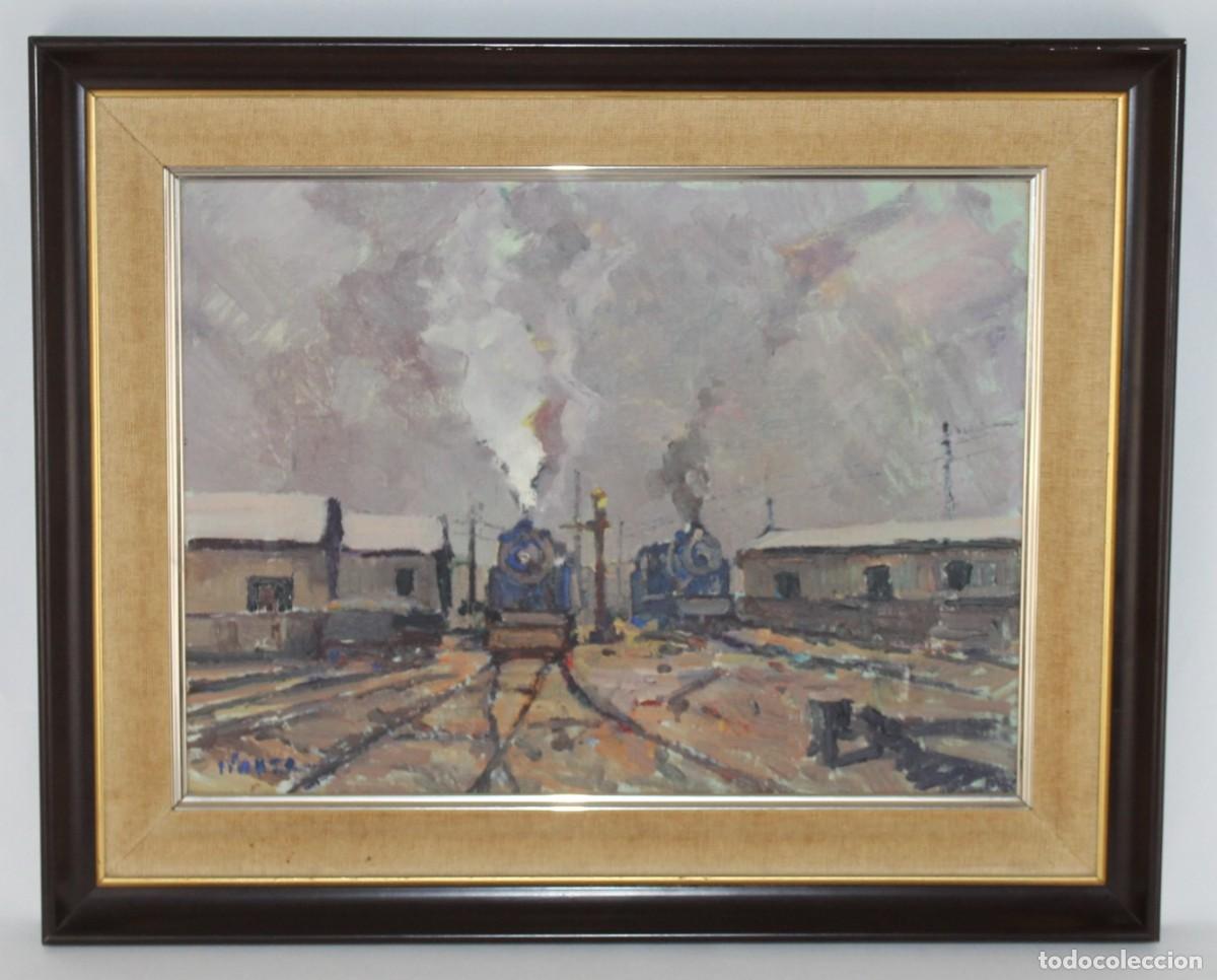 Arte: &Oacute;leo sobre t&aacute;blex de Joan Iranzo. Escena ferroviaria con locomotoras de vapor
