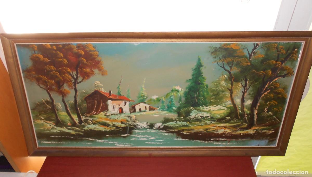 Arte: PAISAJE CAMPESTRE / CASAS en el BOSQUE - PINTADO sobre LAMINA de CARTON PIEDRA / ENMARCADO - 1&euro;y+