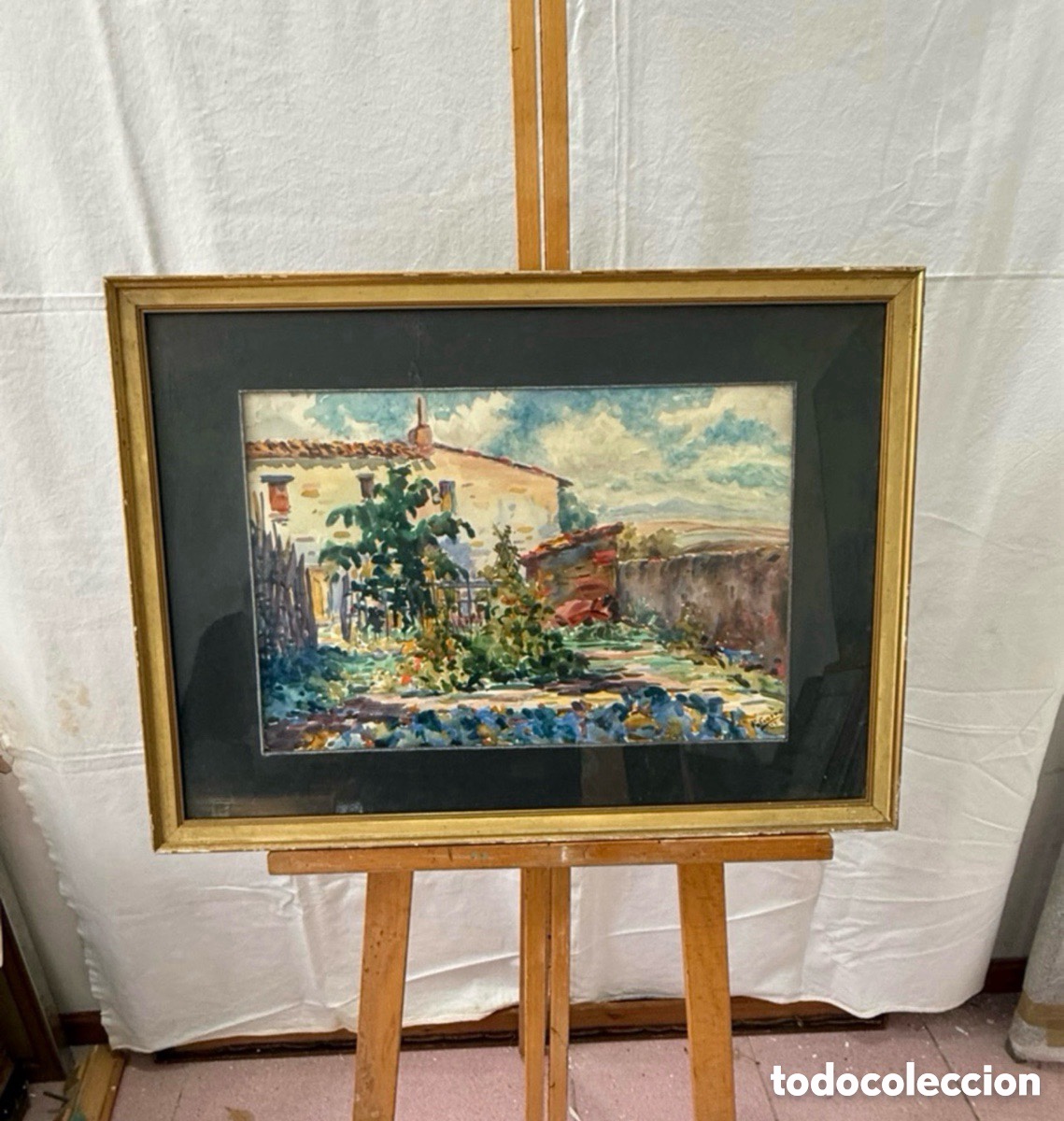 Arte: Pere Gorro Costa acuarela pintada a mano firmada paisaje rural enmarcada escuela