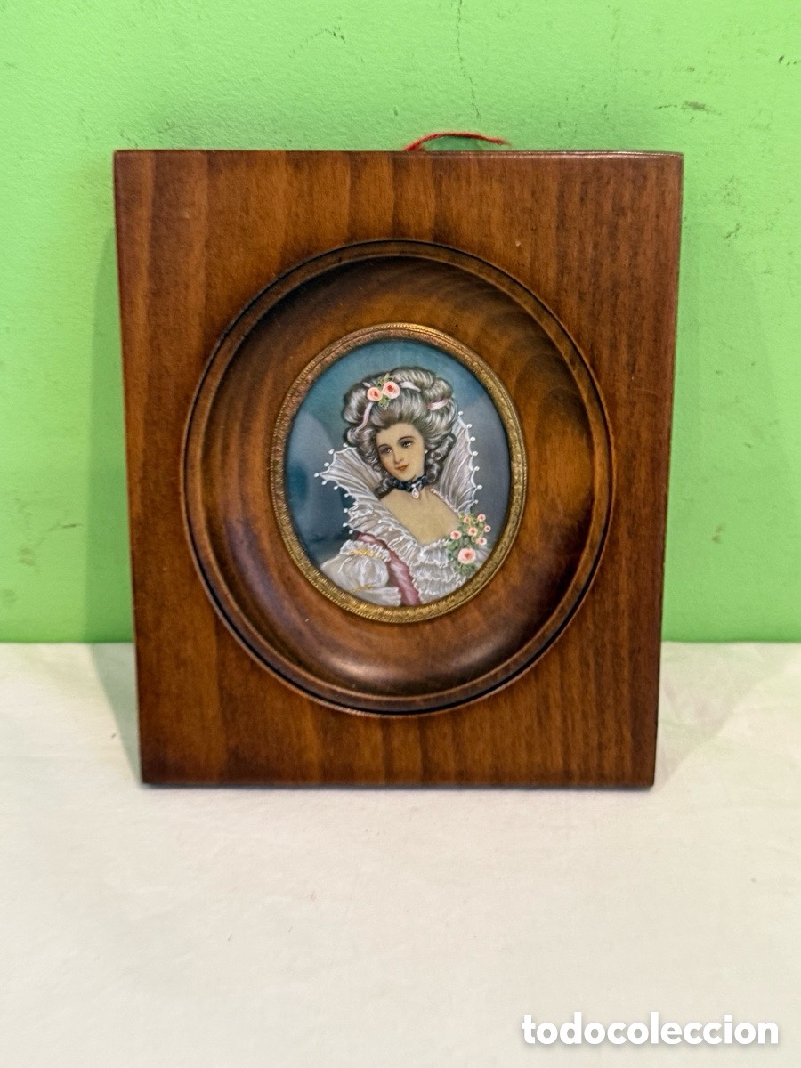 Arte: Retrato dama pintura sobre marfil siglo XIX marco madera &eacute;poca