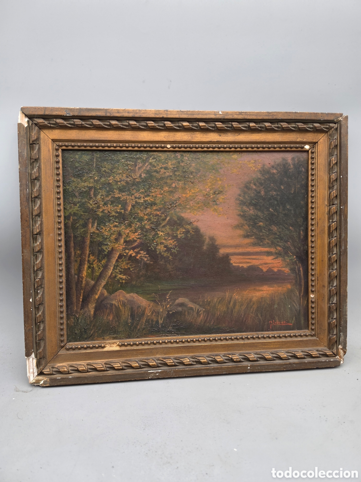 Arte: &Oacute;leo sobre lienzo que representa un paisaje lacustre al atardecer, firmado G. Lubienski