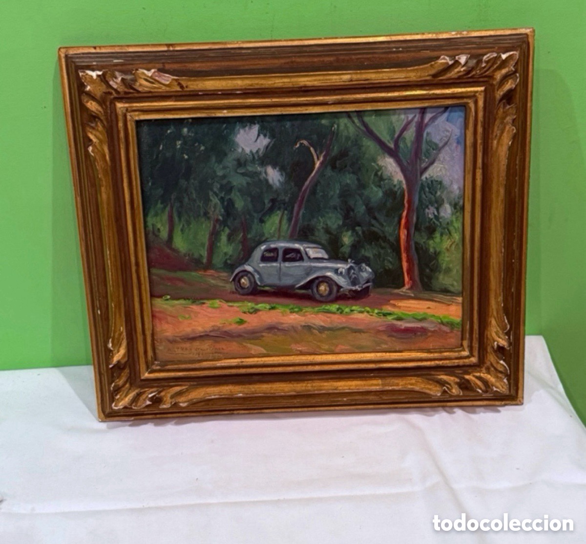 Arte: Arturo Mart&iacute;nez Cabezas (Valencia 1899) &oacute;leo sobre tablex firmado paisaje con autom&oacute;vil cl&aacute;sico.